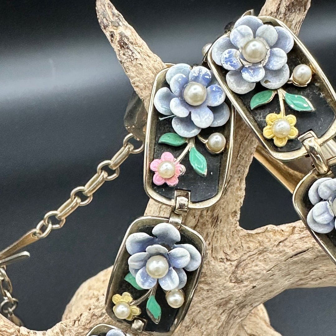 Vintage “Alice” Enamel Bracelet and necklace set with Flowers and Faux Pearls