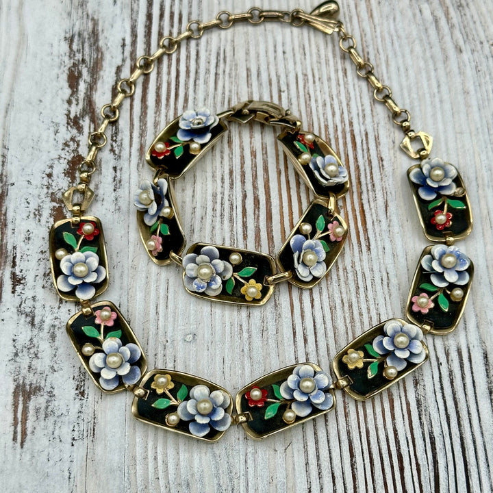Vintage “Alice” Enamel Bracelet and necklace set with Flowers and Faux Pearls