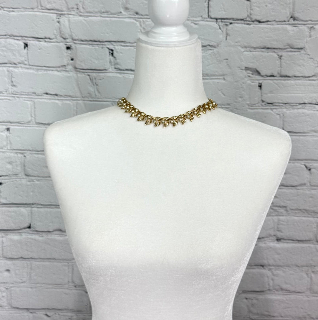 Faux Pearl and Crystal Choker in Gold Tone