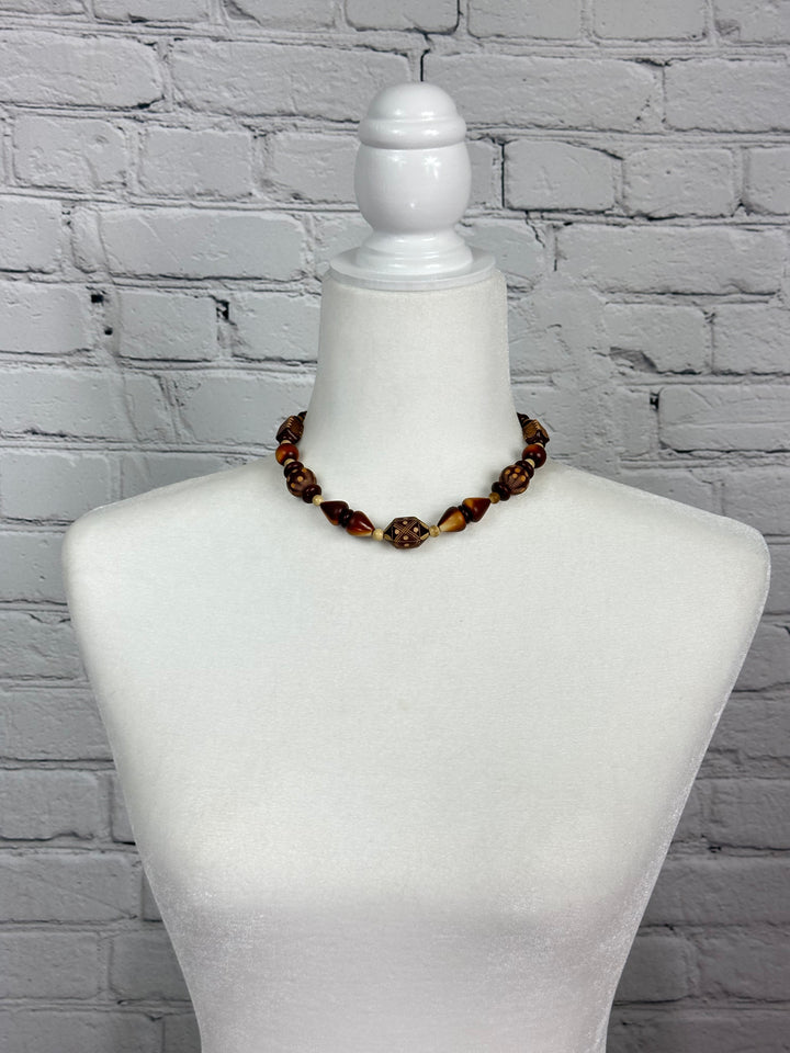 Brown Wooden Bead Choker Necklace