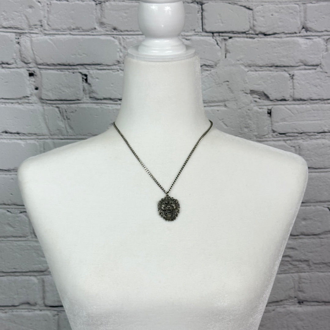Pewter Lions Head Pendant on Steel Chain