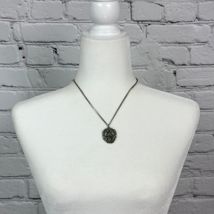 Pewter Lions Head Pendant on Steel Chain