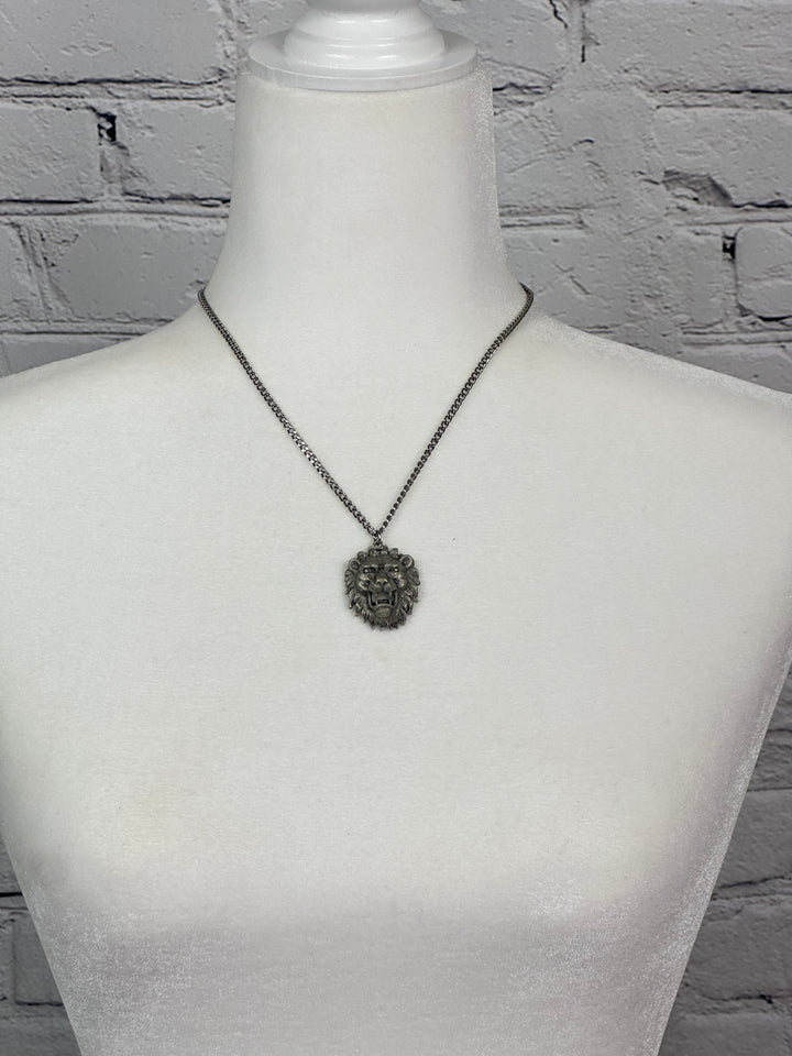 Pewter Lions Head Pendant on Steel Chain
