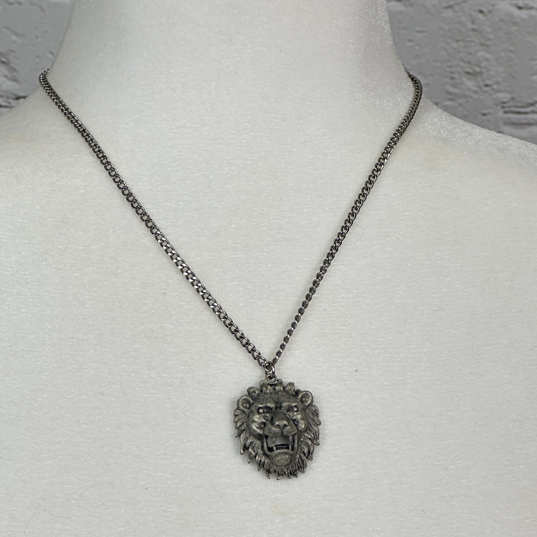Pewter Lions Head Pendant on Steel Chain