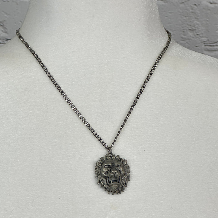 Pewter Lions Head Pendant on Steel Chain