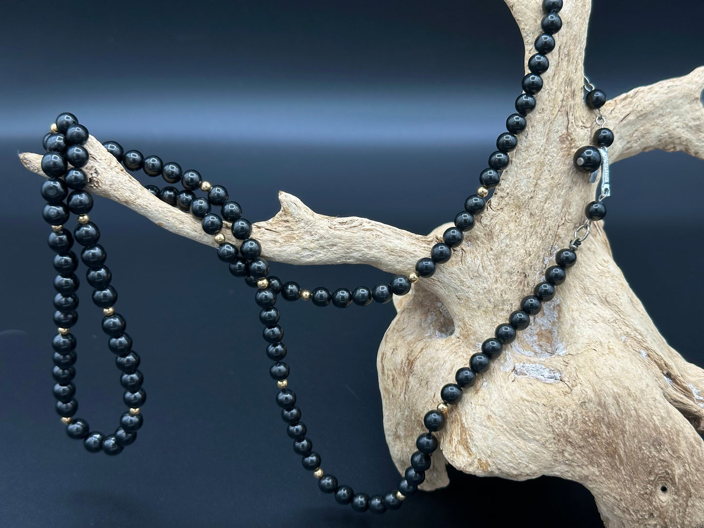 Vintage Black Bead with Gold Spacer Necklace from Hong Kong