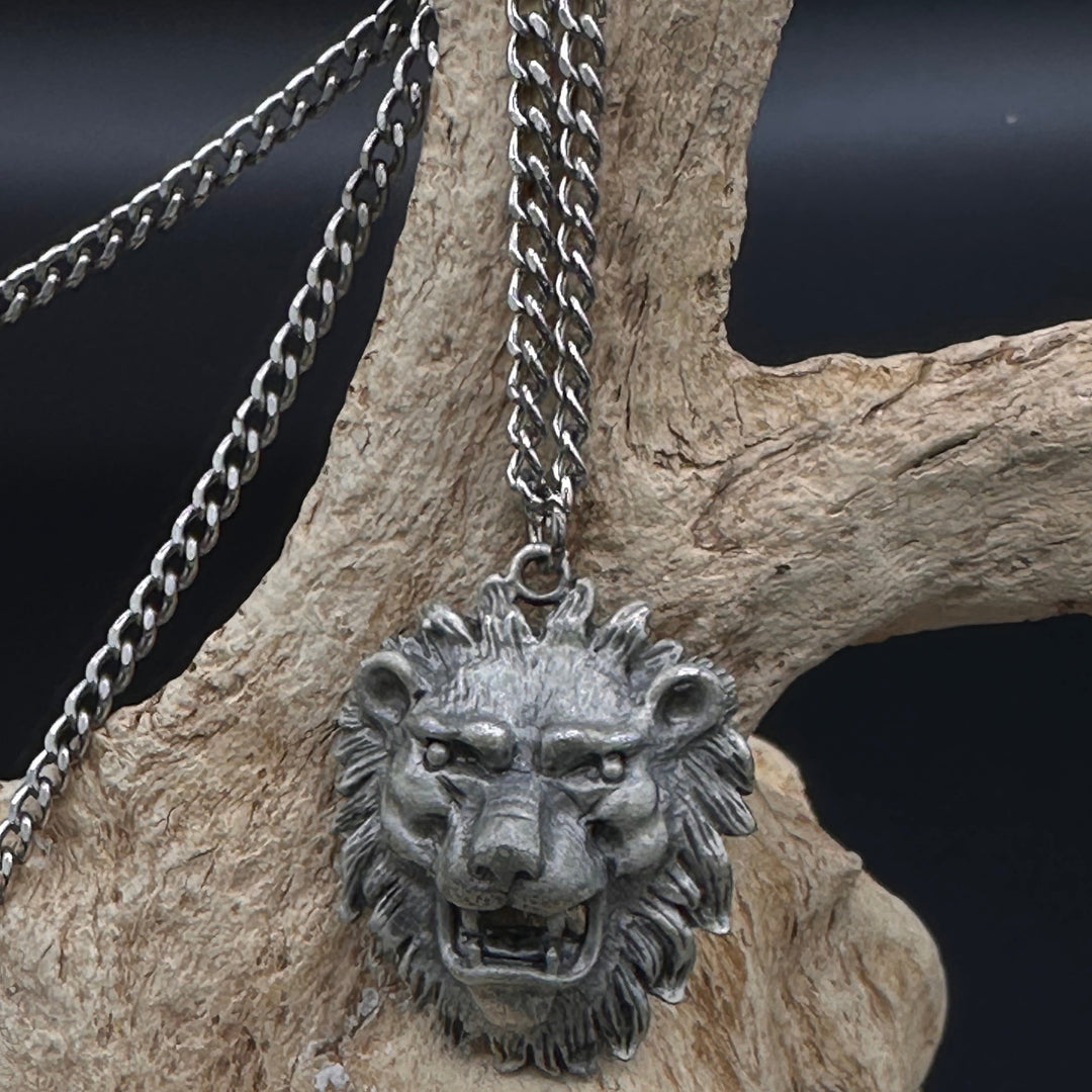 Pewter Lions Head Pendant on Steel Chain