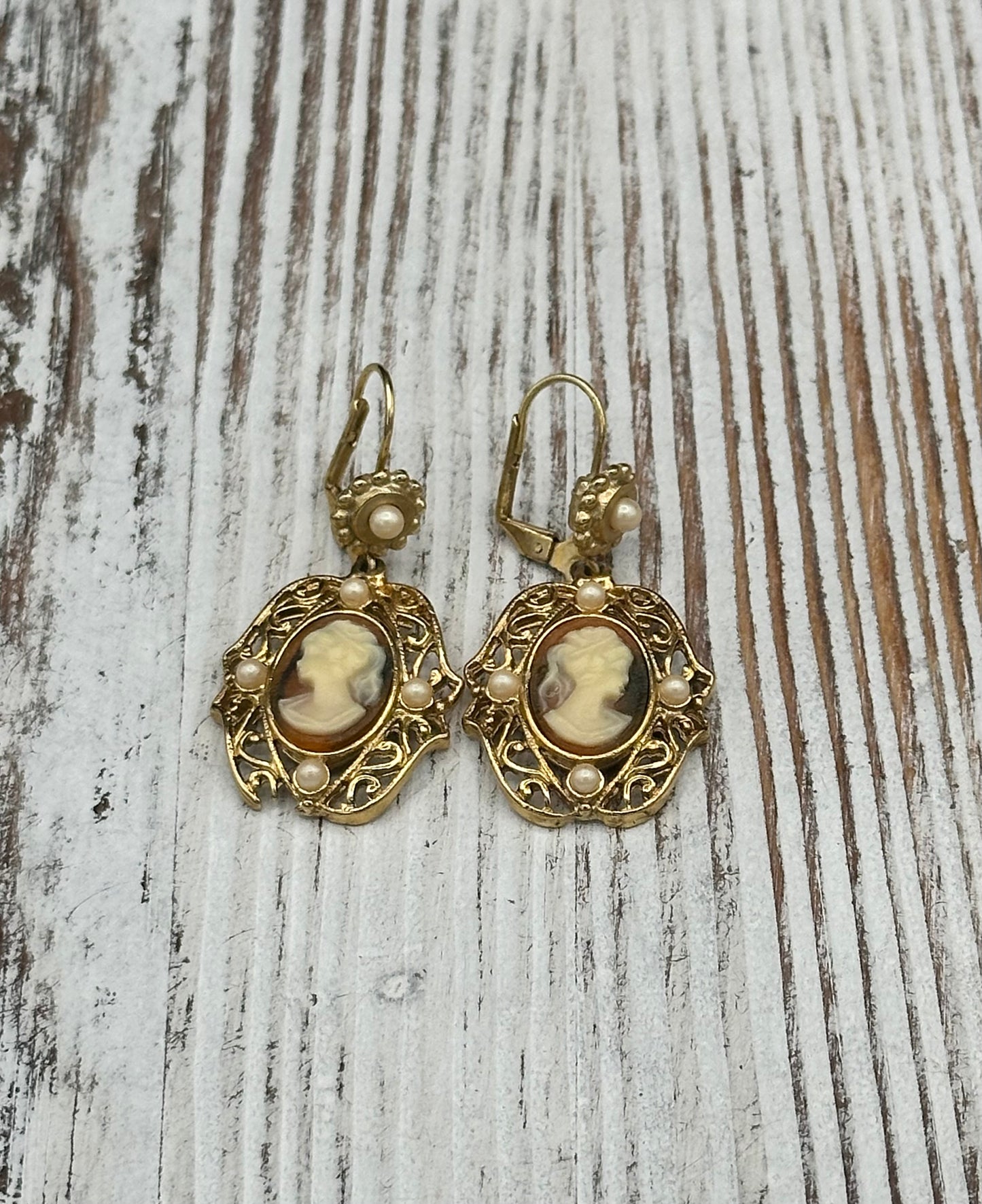 Vintage Jessica Stevens Victorian style Faux Cameo and Faux Pearl Drop Earrings in Gold Tone