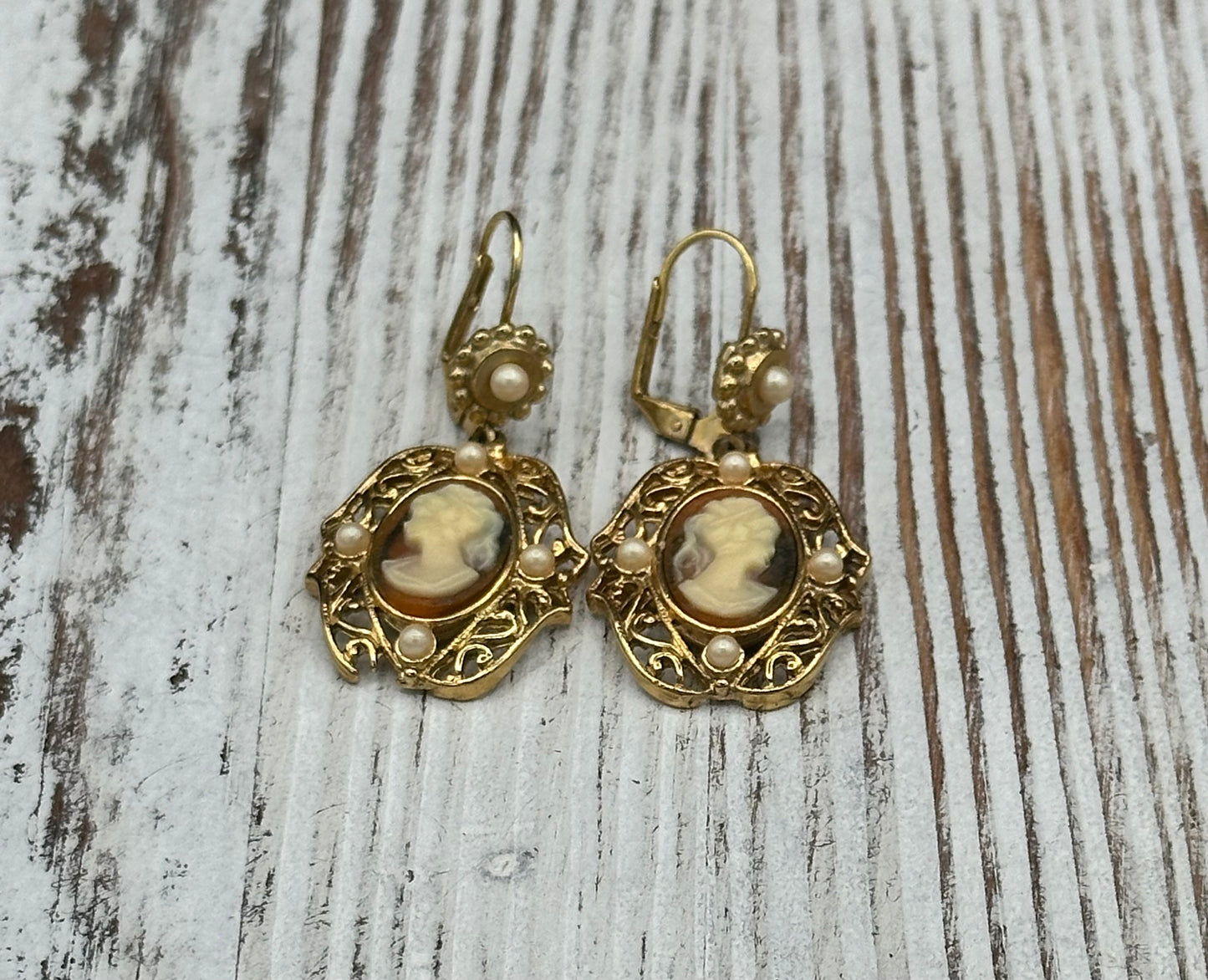 Vintage Jessica Stevens Victorian style Faux Cameo and Faux Pearl Drop Earrings in Gold Tone