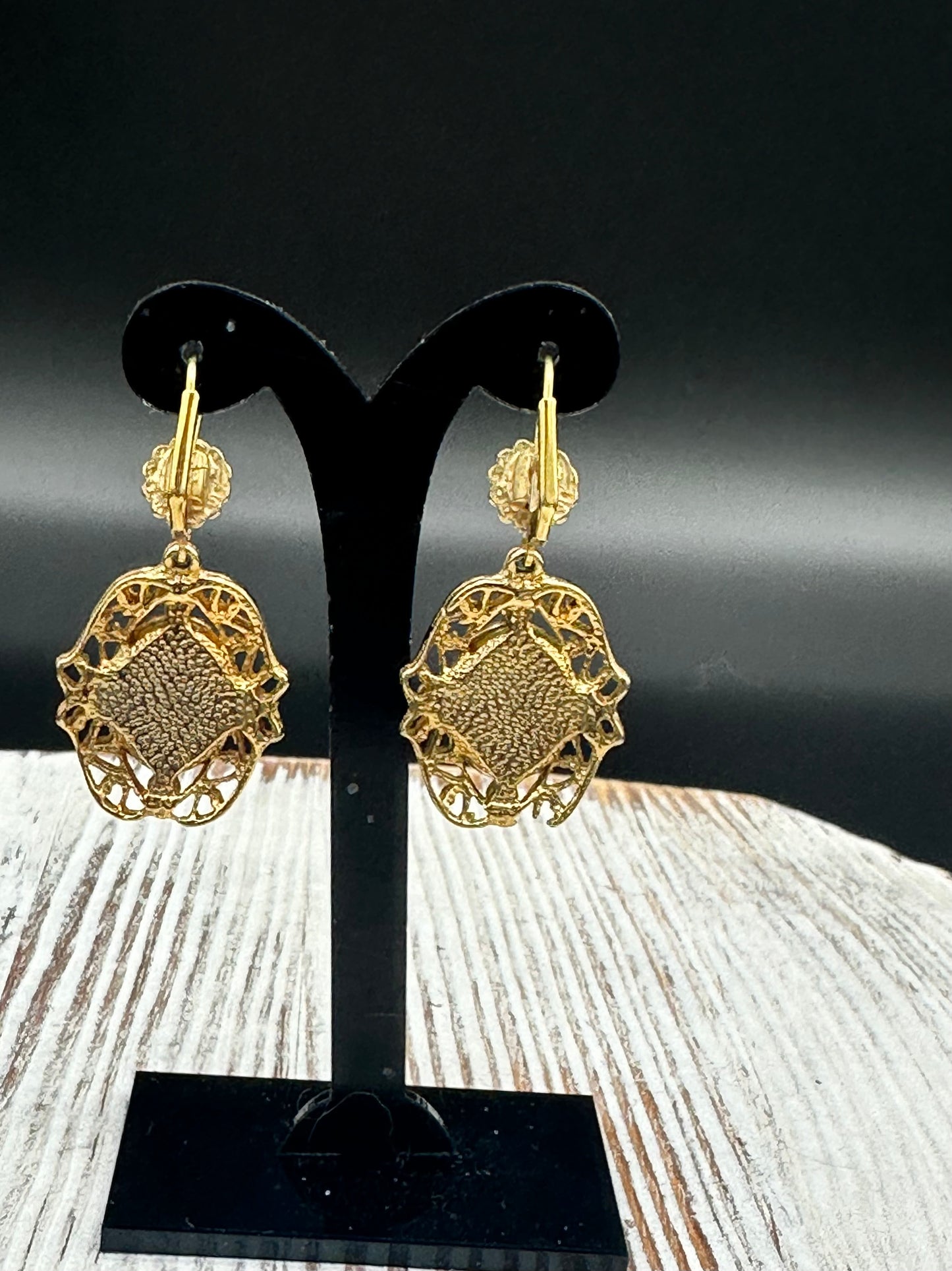 Vintage Jessica Stevens Victorian style Faux Cameo and Faux Pearl Drop Earrings in Gold Tone