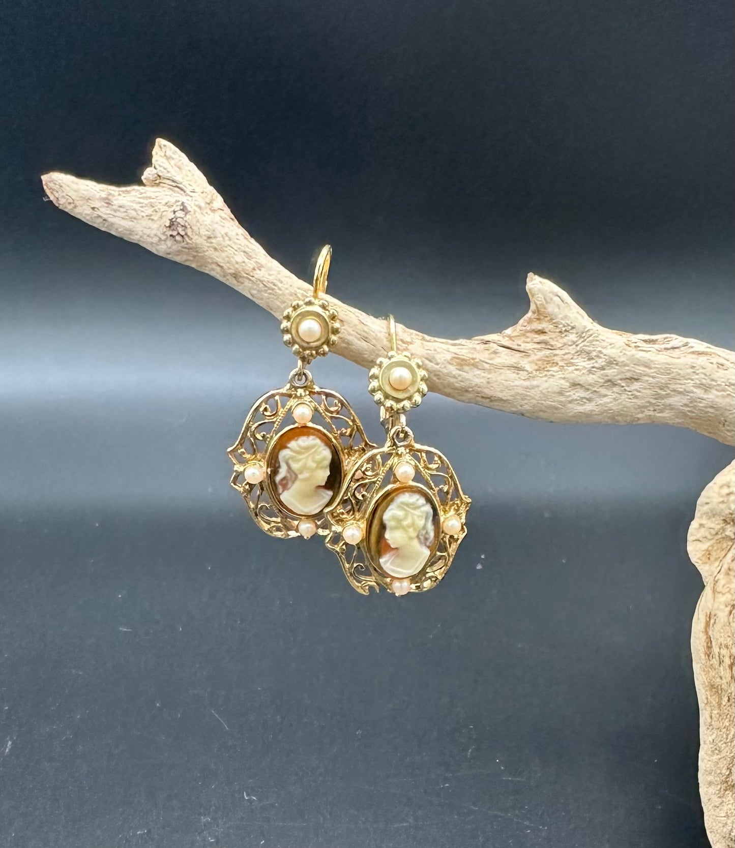 Vintage Jessica Stevens Victorian style Faux Cameo and Faux Pearl Drop Earrings in Gold Tone