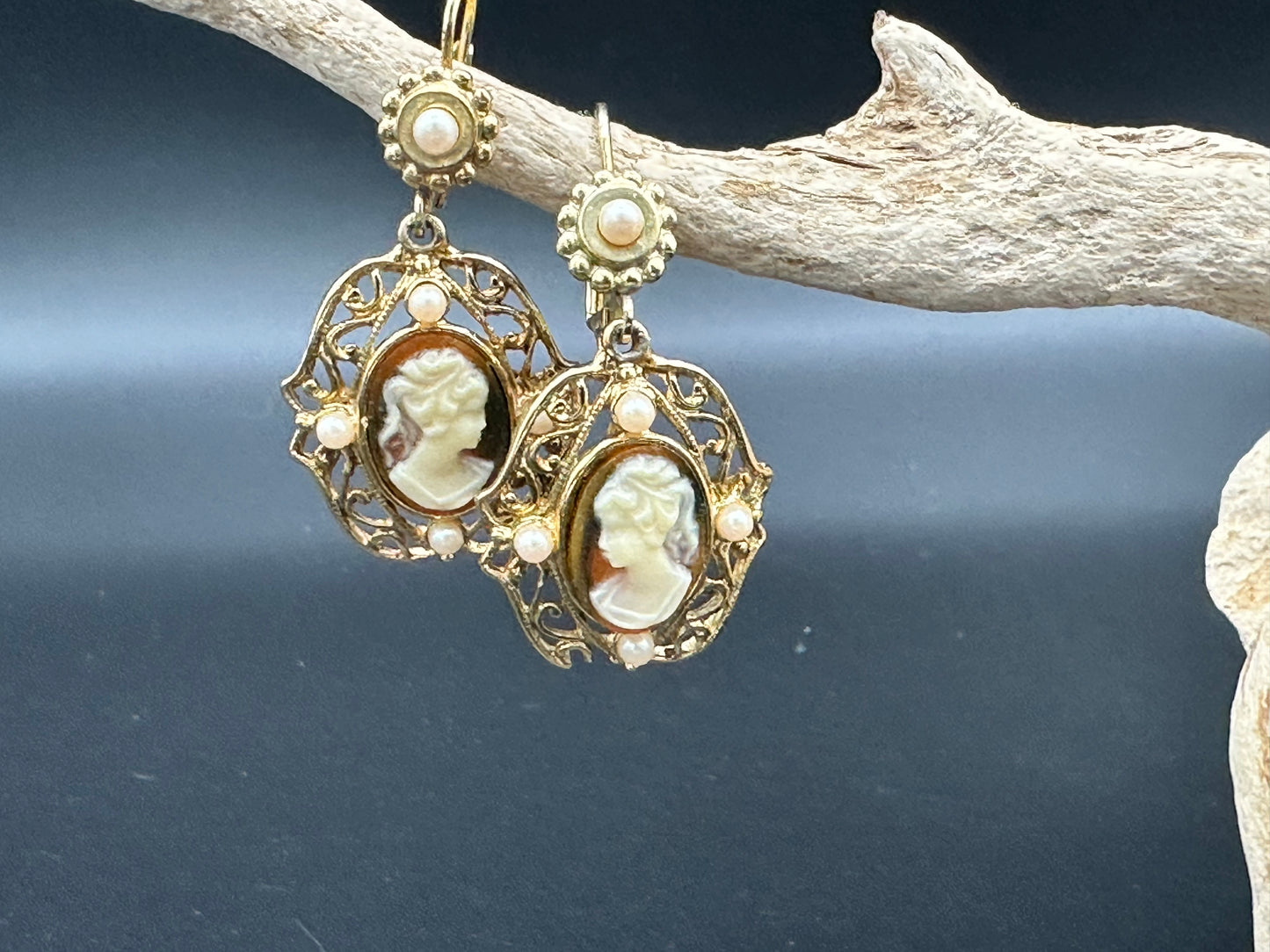 Vintage Jessica Stevens Victorian style Faux Cameo and Faux Pearl Drop Earrings in Gold Tone