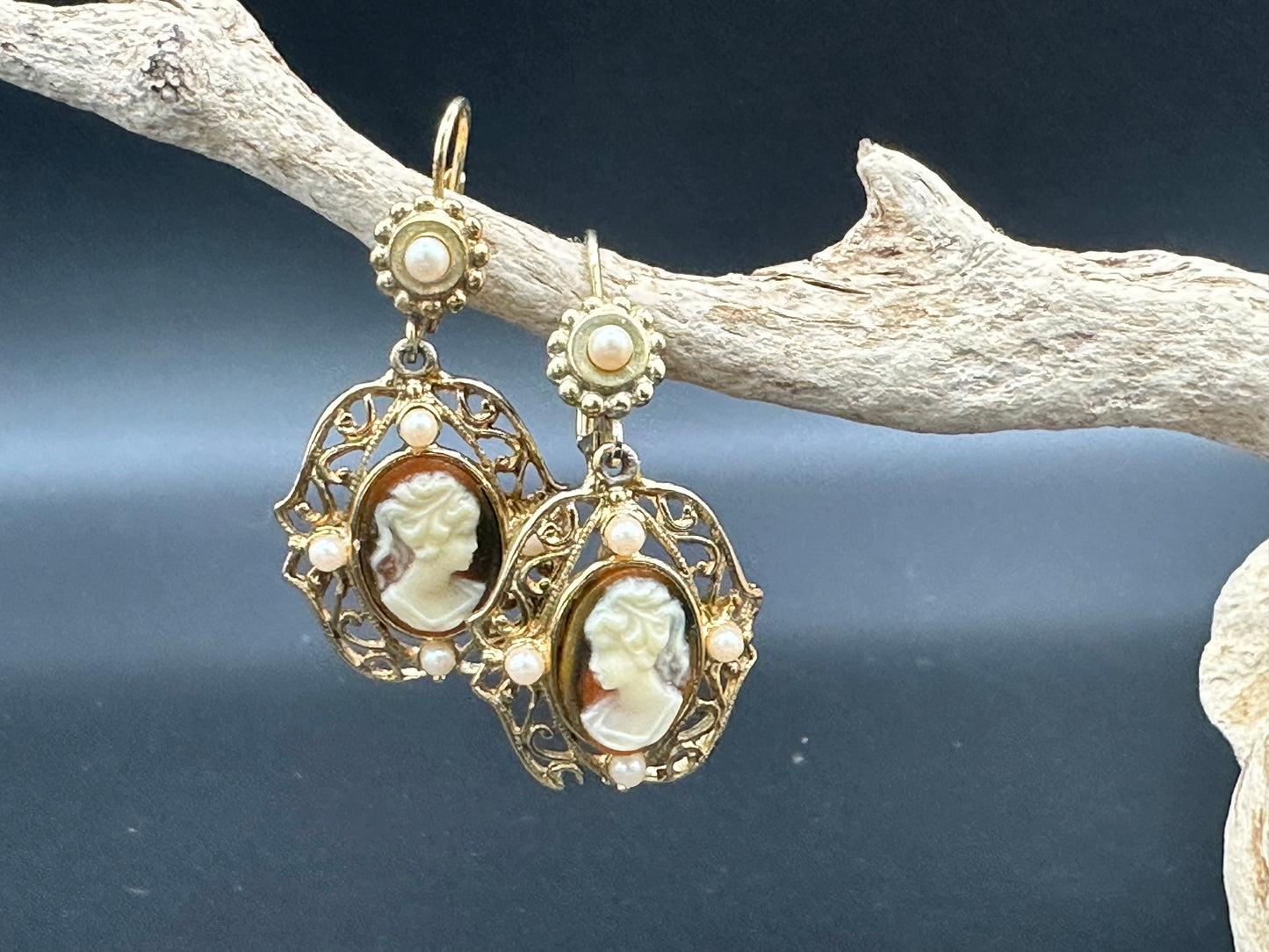 Vintage Jessica Stevens Victorian style Faux Cameo and Faux Pearl Drop Earrings in Gold Tone