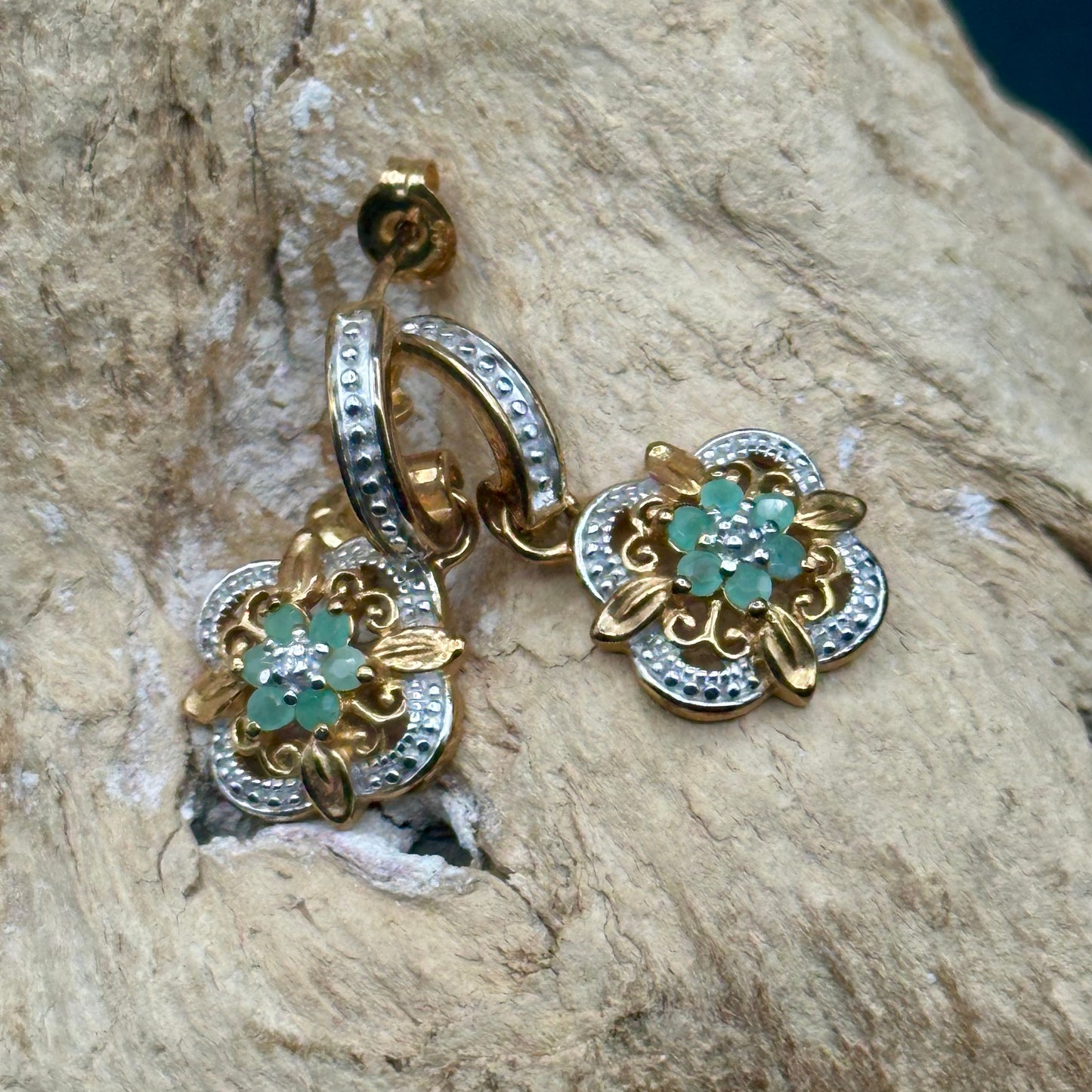 Emerald flower with diamond accent earrings in YG plated sterling silver