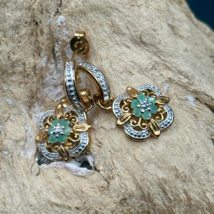 Emerald flower with diamond accent earrings in YG plated sterling silver