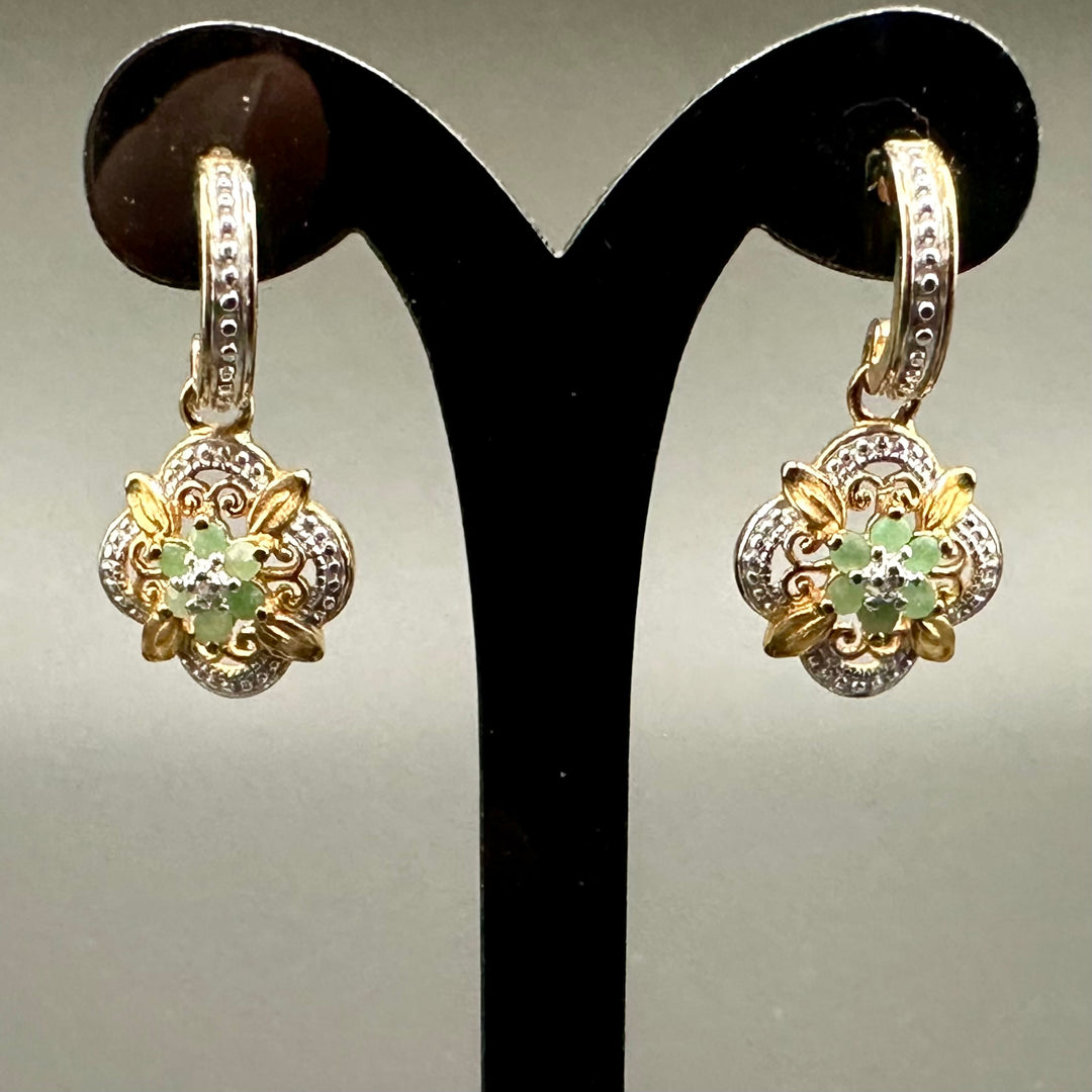 Emerald flower with diamond accent earrings in YG plated sterling silver