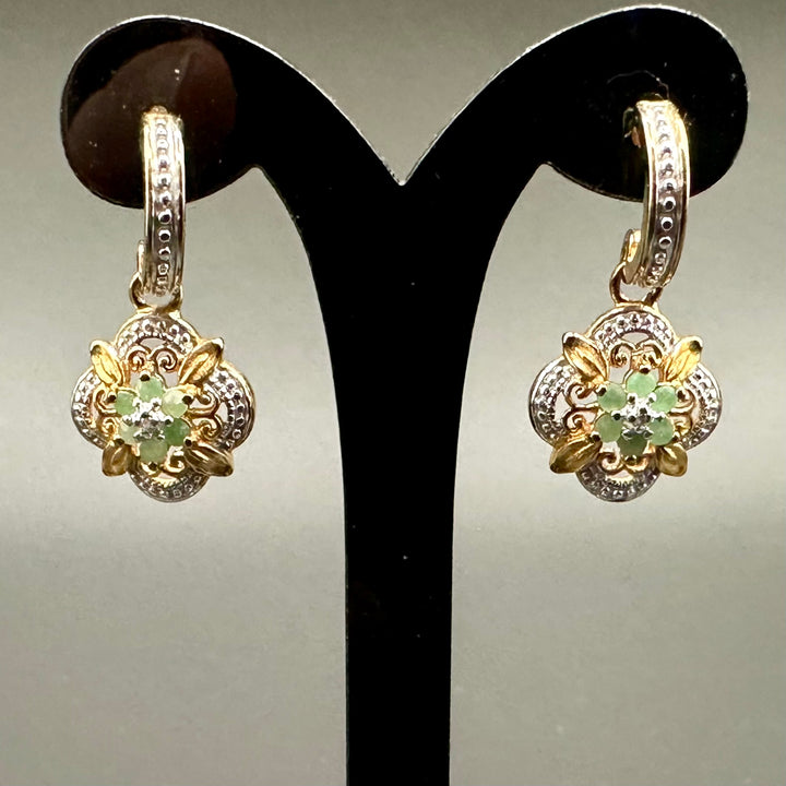 Emerald flower with diamond accent earrings in YG plated sterling silver