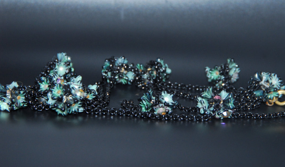 Vintage  Black Flapper style Necklace with Green and Black Flower Cluster
