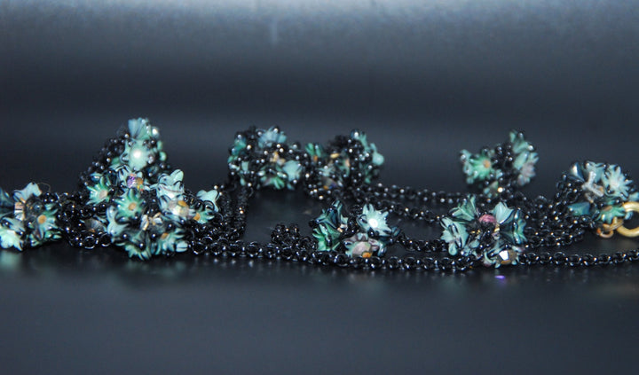 Vintage  Black Flapper style Necklace with Green and Black Flower Cluster