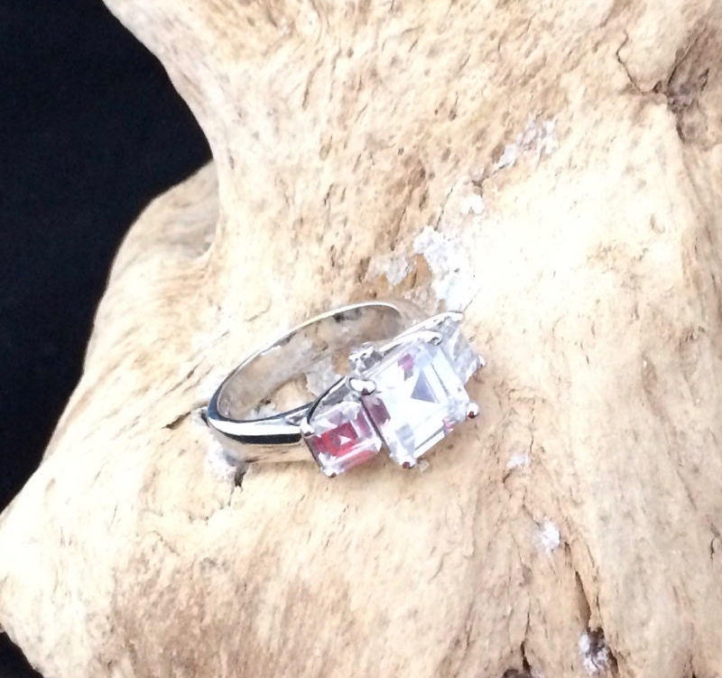 Diamonique Three Stone Platinum plated  Ring