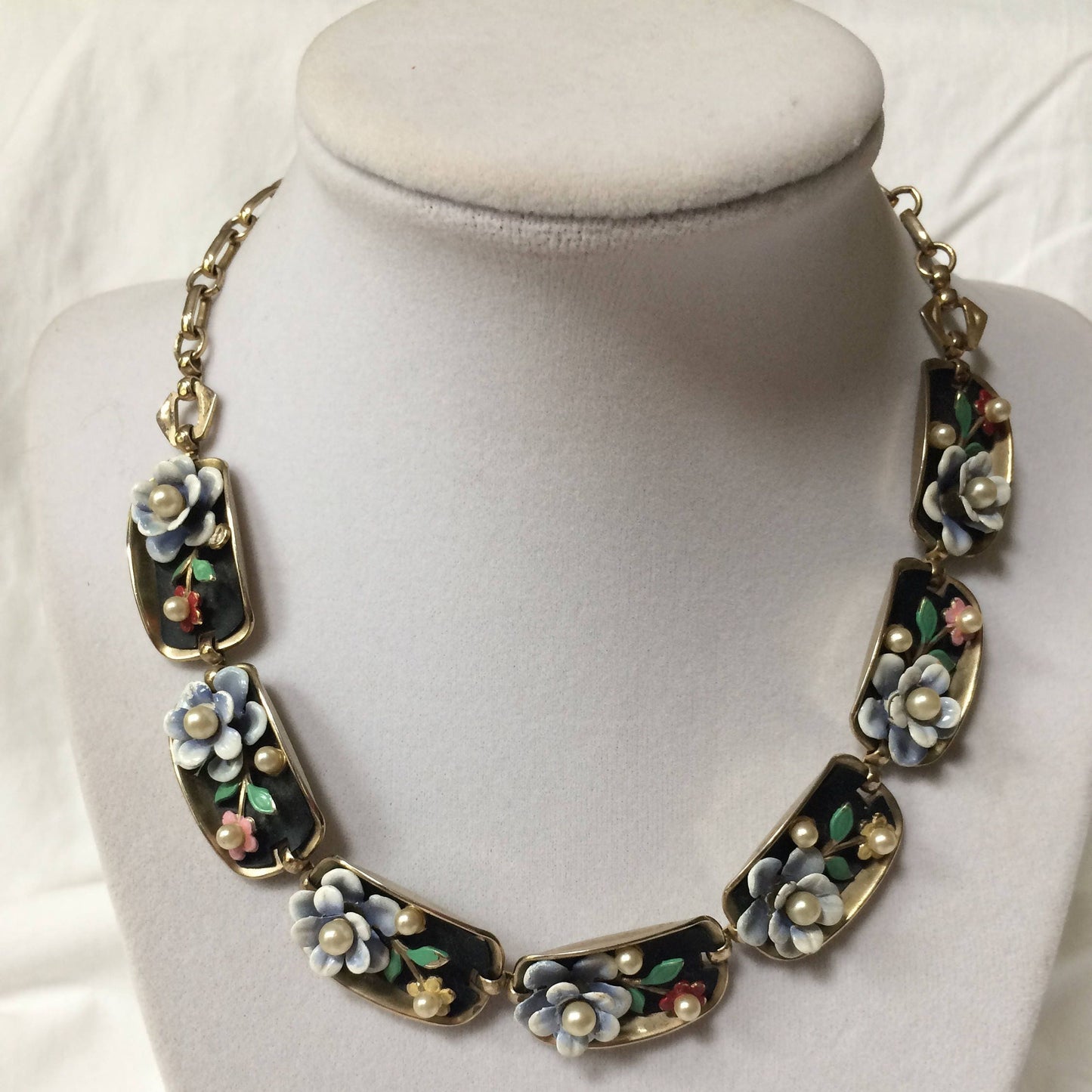 Vintage “Alice” Enamel Bracelet and necklace set with Flowers and Faux Pearls