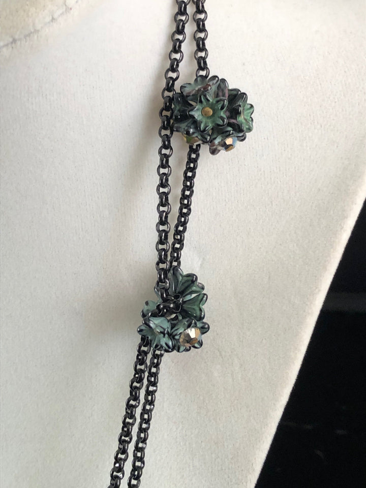 Vintage  Black Flapper style Necklace with Green and Black Flower Cluster