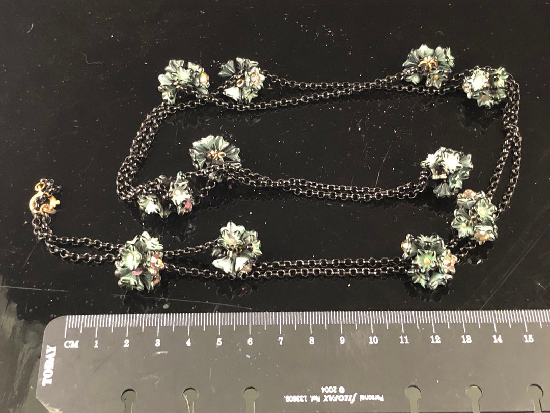 Vintage  Black Flapper style Necklace with Green and Black Flower Cluster