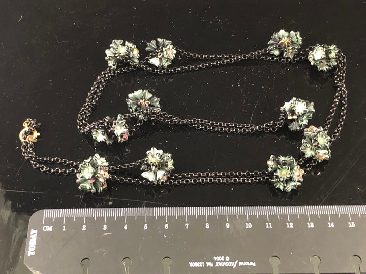 Vintage  Black Flapper style Necklace with Green and Black Flower Cluster