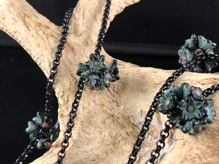 Vintage  Black Flapper style Necklace with Green and Black Flower Cluster