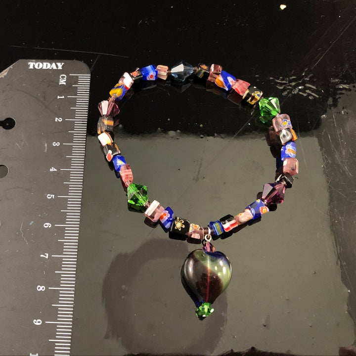 Glass and Swarovski Crystal Stretchable Bracelet- with Glass Heart Charm- Vintage