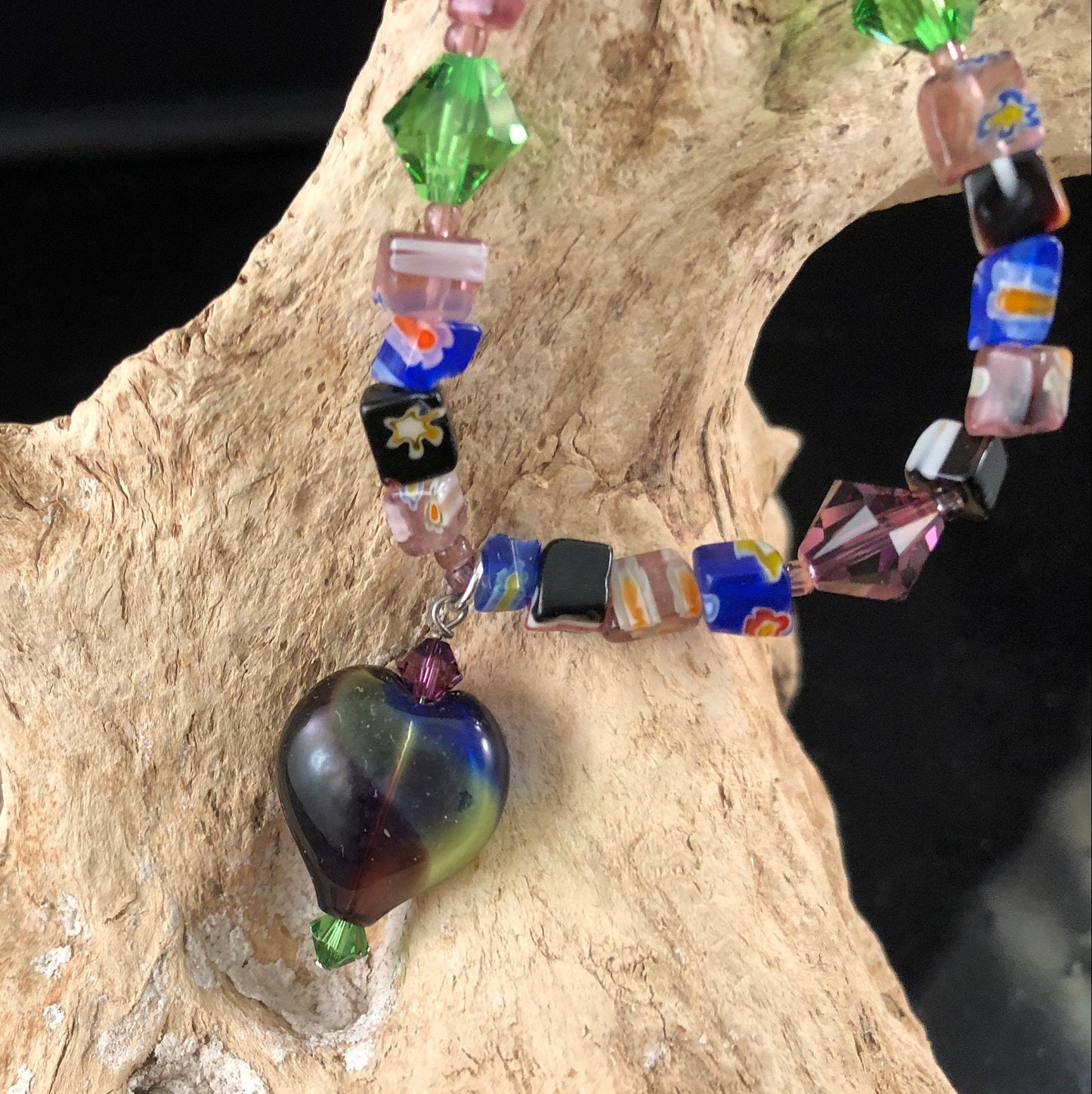 Glass and Swarovski Crystal Stretchable Bracelet- with Glass Heart Charm- Vintage