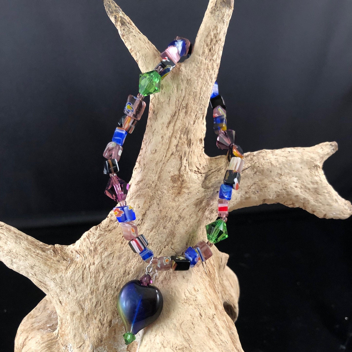 Glass and Swarovski Crystal Stretchable Bracelet- with Glass Heart Charm- Vintage
