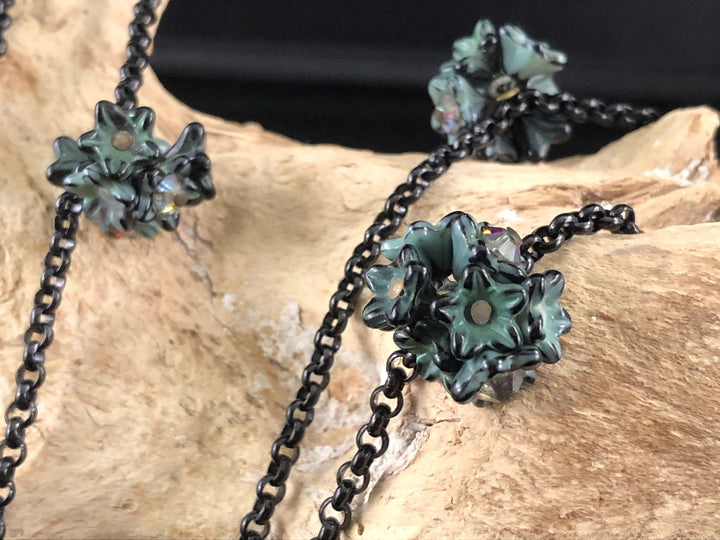 Vintage  Black Flapper style Necklace with Green and Black Flower Cluster