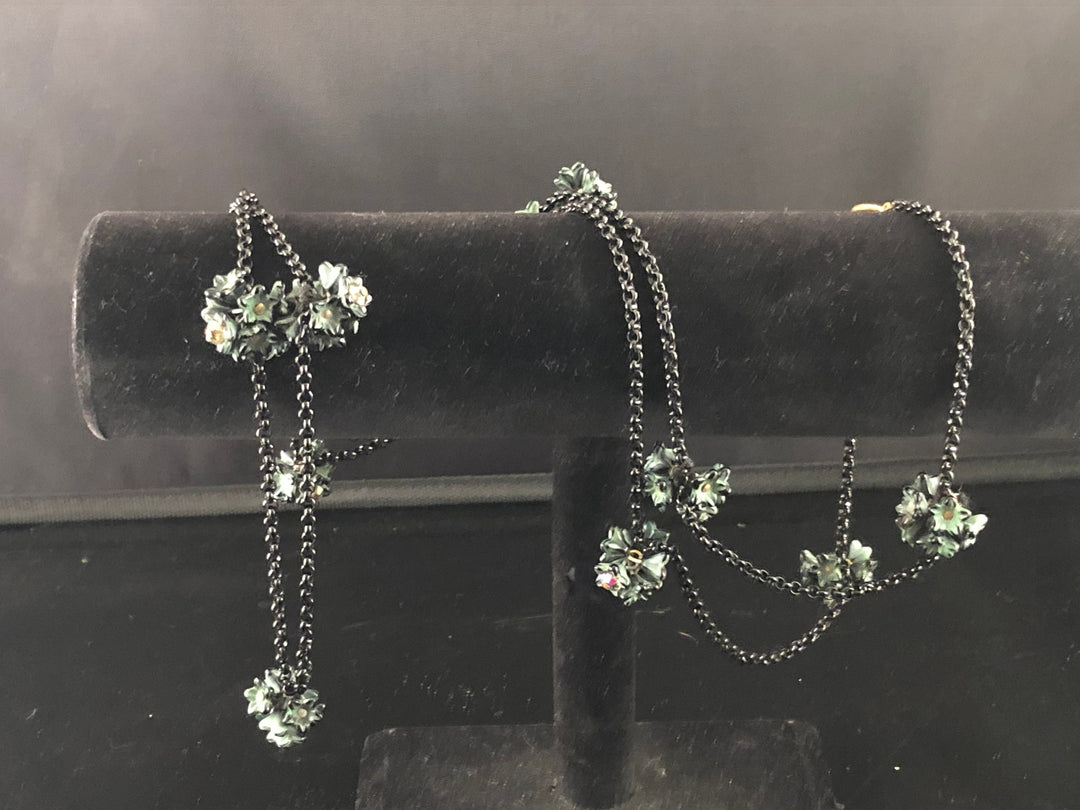 Vintage  Black Flapper style Necklace with Green and Black Flower Cluster