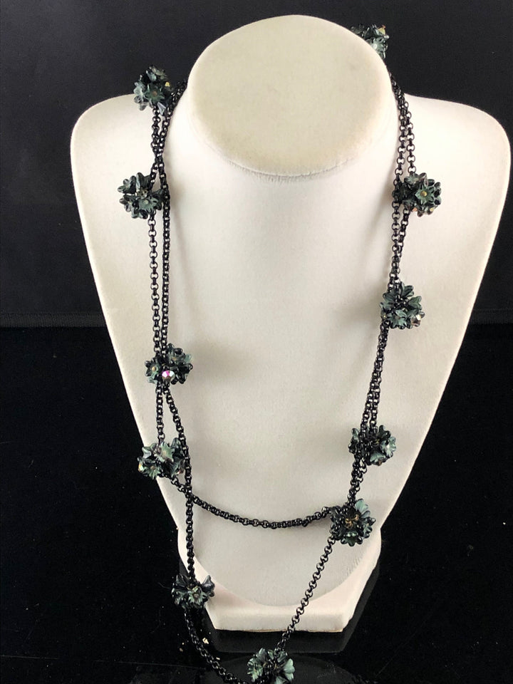 Vintage  Black Flapper style Necklace with Green and Black Flower Cluster