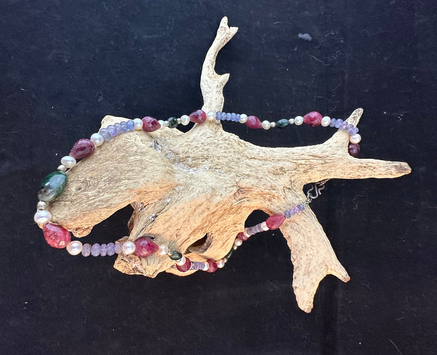 Raw stone Tanzanite, Ruby, Pearl and Emerald neckace