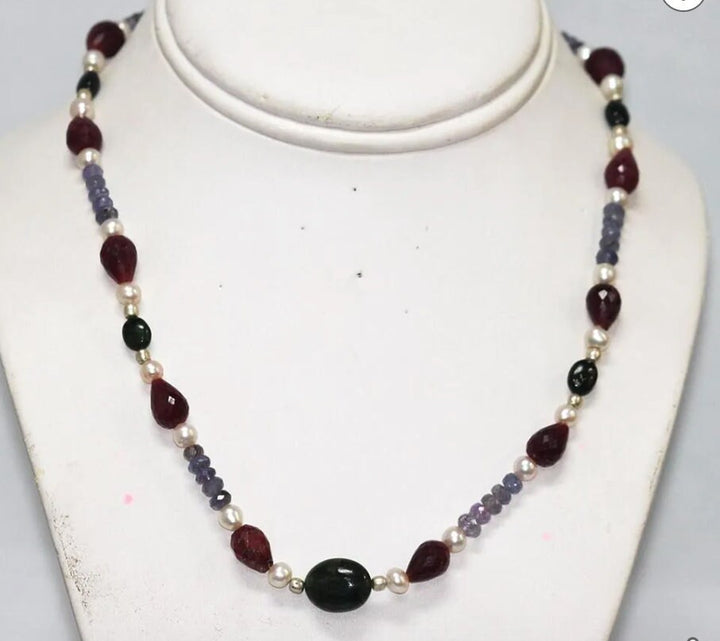 Raw stone Tanzanite, Ruby, Pearl and Emerald neckace