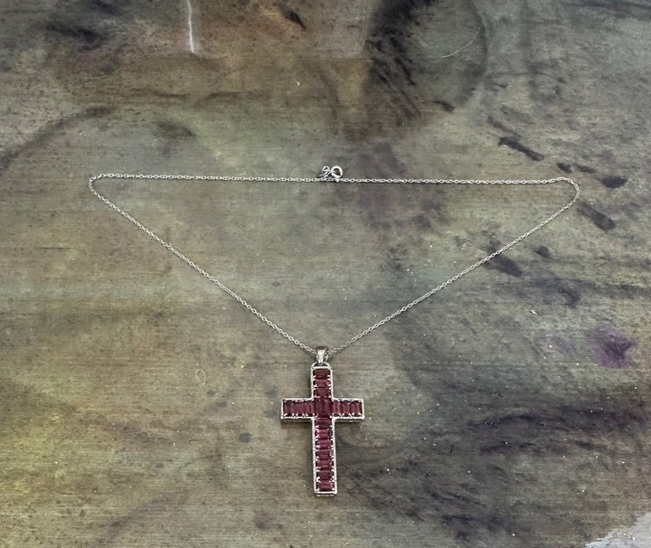 Umba River Rhodolite Garnet Cross Pendant on Sterling Silver Chain
