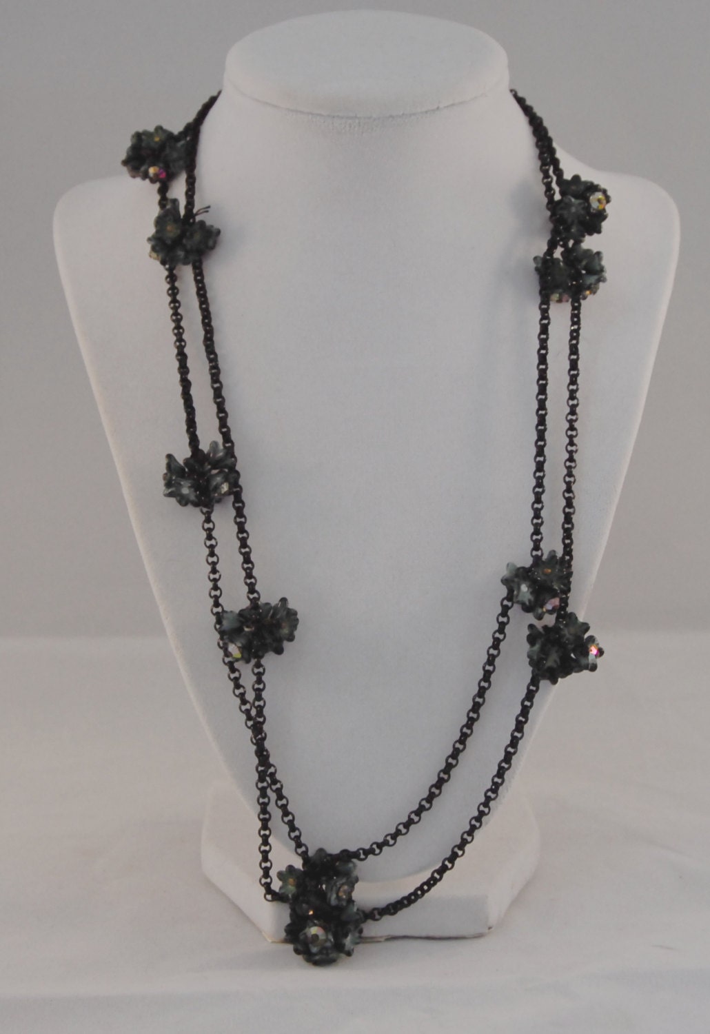 Vintage  Black Flapper style Necklace with Green and Black Flower Cluster