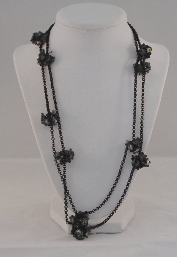 Vintage  Black Flapper style Necklace with Green and Black Flower Cluster