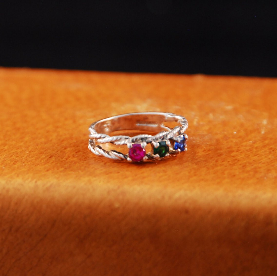 Double twisted Rope Sterling Silver ring with multicolored stones