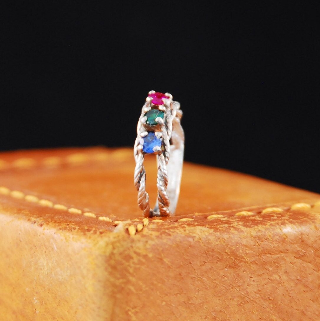 Double twisted Rope Sterling Silver ring with multicolored stones