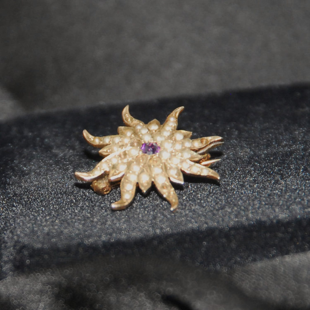 Antique Seed Pearl and Amethyst Starburst Brooch