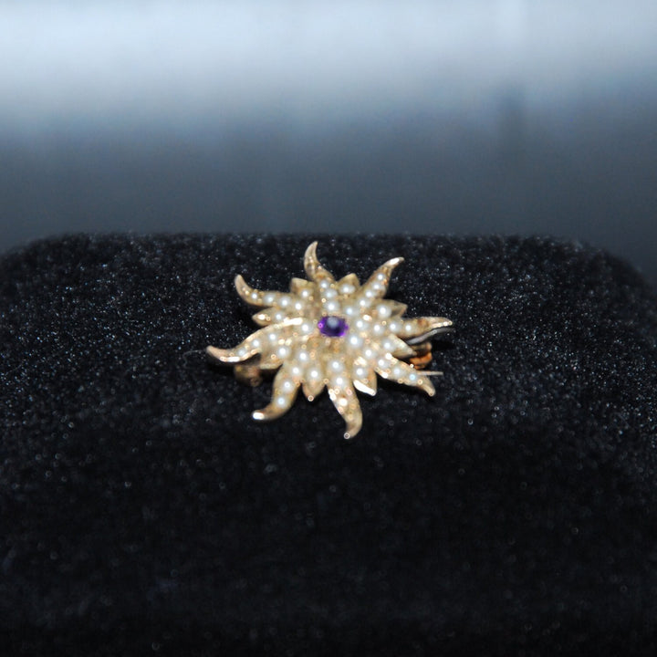 Antique Seed Pearl and Amethyst Starburst Brooch